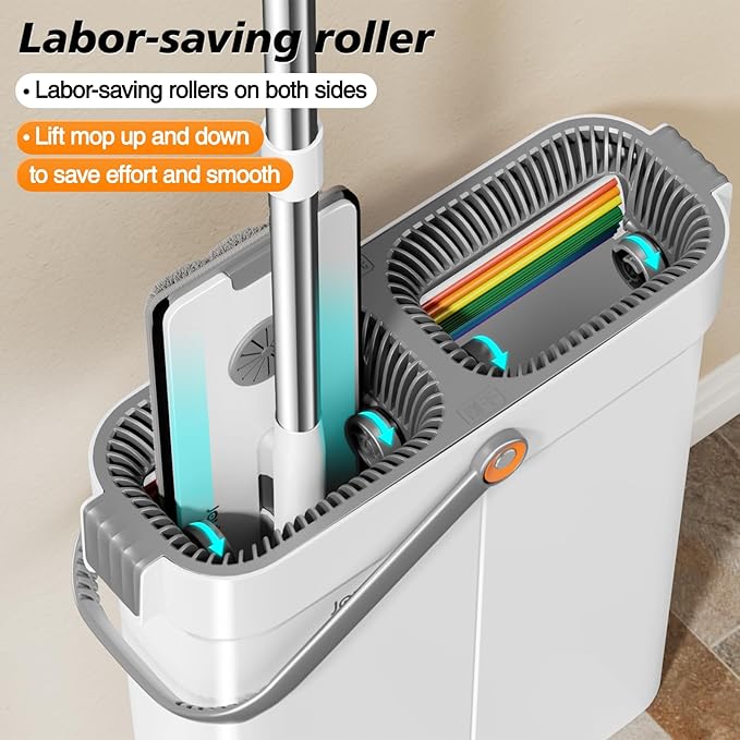 CTIME Flat Mop and Bucket Set with WringerWet and Dry UseHands-Free Flat Mops for Floor Cleaning and Window Wall Cleaner with 4 Microfiber Pads.