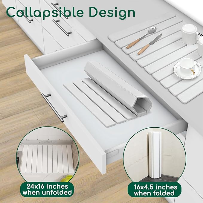 Stone Drying Mat for Kitchen Counter White 24×16 Collapsible Fast Drying Dish Mats Diatomaceous Earth Water Absorbing Mat for Dishes Bottles Cups