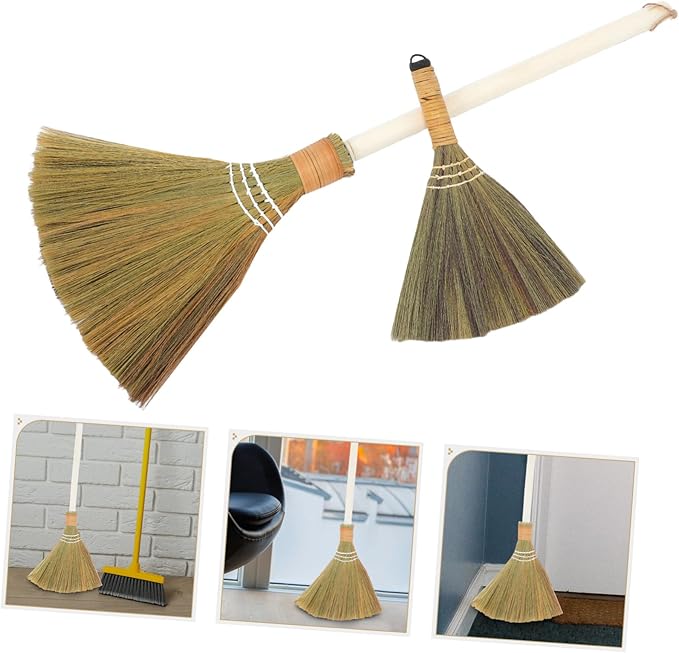 Cabilock 2pcs Practical Handwoven Broom Set Straw Broom Sweep Soft Bristle Household Removable Head Floorfriendly
