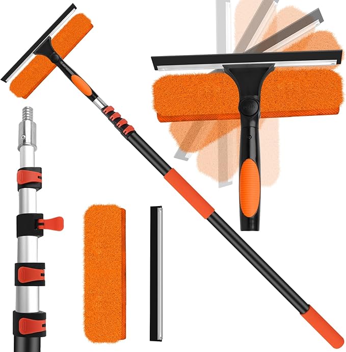 26FT High Window Cleaning Kit with Pole2 in 1 Window Squeegee5-20FT Professional Window Clean Pole Kit(2 Squeegee &amp 2 Microfibre Cloths)180°Rotatable Squeegee for Indoor/Outdoor High Windows