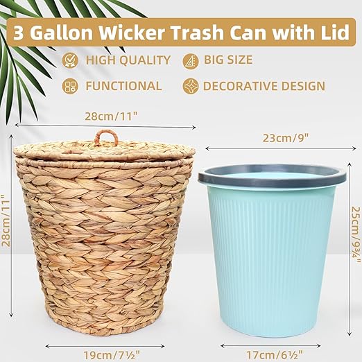 3 Gallons Wicker Waste Basket Can with Lid &amp Liner Handwoven Wastebasket Wastepaper Basket with 60Pcs Bag Wicker Trash Garbage Rubbish Can Bin Basket for Bedroom Bathroom Office Kitchen
