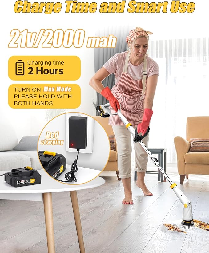 Qimedo Electric Spin Scrubber with Two Batteries Q2 Pro1500 RPM High Power Electric Scrubber for CleaningShower Cordless Cleaning Brush with Display for Tub/Tile/Floor (Effortless Handle/8 Brushes)