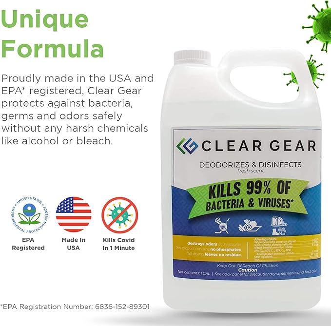Clear Gear Gym Disinfectant Mat Cleaner and Gym Equipment Deodorizer for Sports Equipment and Fitness Centers - EPA-Registered Hospital Grade Disinfectant Made in USA - (4) 1 Gallon Bottles
