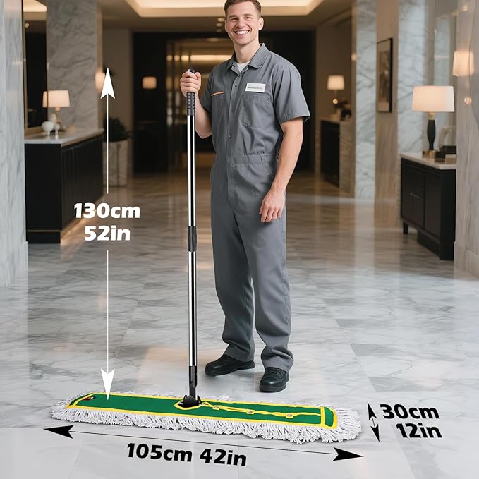 42 Commercial Dust Mop for Floor Cleaning MASTERTOP Large Flat Mop with Long Handle Sweeping Broom with 2 Different Mops Pads Industrial Mop for Hardwood Tile Gym Office Mall Warehouse