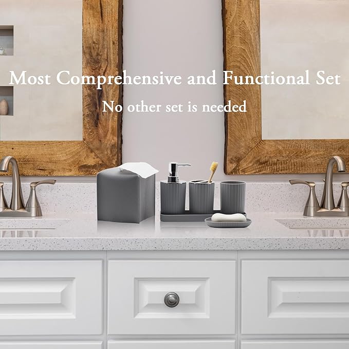 Bathroom Accessory Set - 10 Piece Grey Bathroom Accessories Set with Trash Can Toothbrush Holder and Cup Soap Dispenser Soap Dish Toilet Brush Holder Vanity Tray Qtip Holder Tissue Box Cover