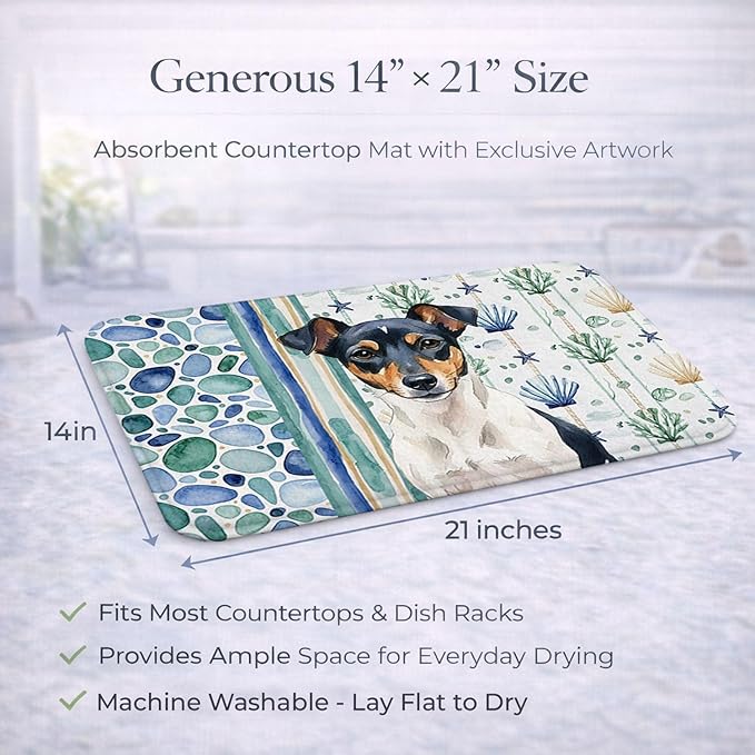 Caroline's Treasures Tricolor Rat Terrier Coastal Sea Glass Dish Drying Mat Absorbent Dish Drying Mat Pad for Kitchen Counter Dish Drainer Mat for Countertop 14 x 21 Multicolor