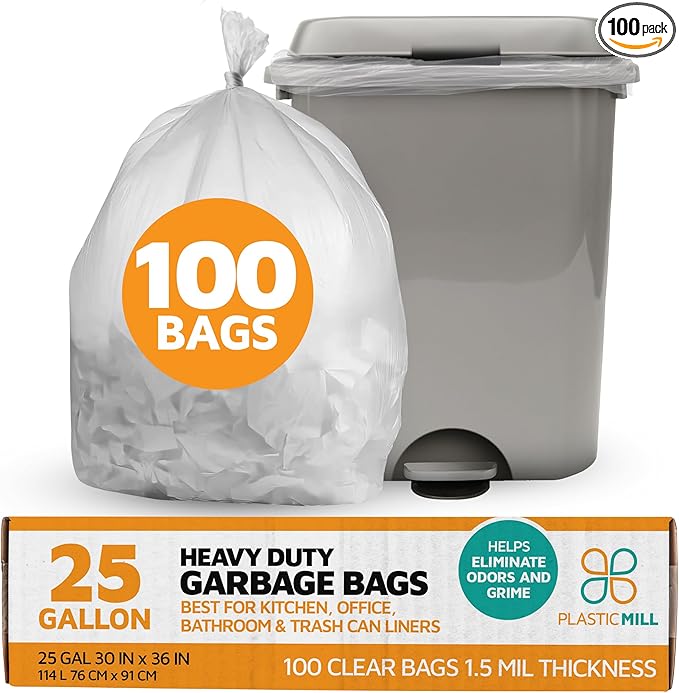 PlasticMill Heavy Duty Trash Bags - Clear Garbage Bags - Plastic Trash Bags - Tall Trash Bags Trash Can Liners - 20-30 Gallon Large Kitchen Trash Bags 1.5 Mil 30x36 (100-Count)