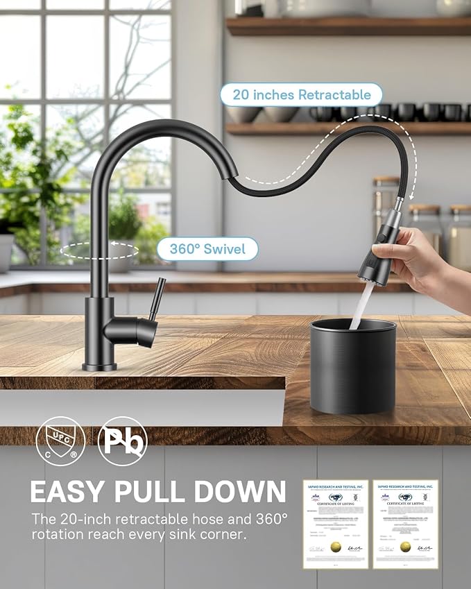 WEWE Kitchen Faucet with Pull Down Sprayer and Soap Dispenser Matte Gray High Arc Single Handle Stainless Steel Sink Faucet Suitable for Farmhouse RV &amp Laundry