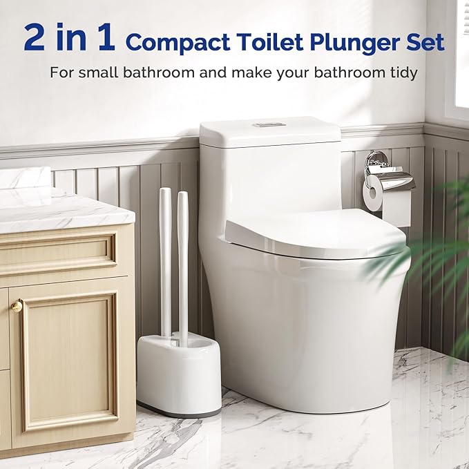 HAMITOR Toilet Plunger and Brush Set for Bathroom Cleaning with Extented Handle - Heavy Duty Toilet Plunger Combo Accessories with Caddy Stand Holder for Small Space - White2 Sets
