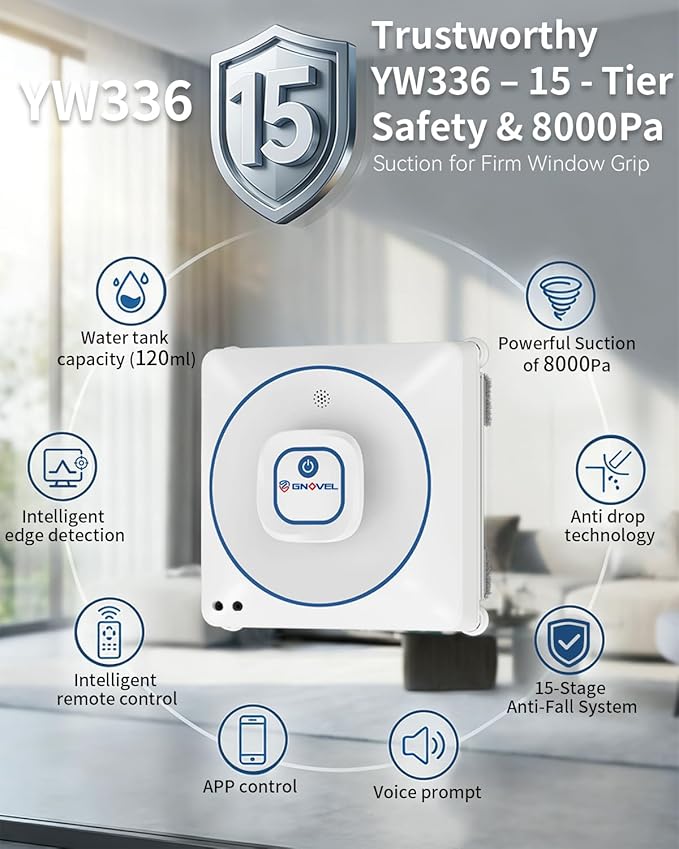 Window Cleaning Robot 8000Pa Auto Window Cleaner with Intelligent Path Planning 15-Stage Anti-Fall for High-Rise Glass App &amp Remote Control Hands-Free for Tile &amp Floor-to-Ceiling Windows