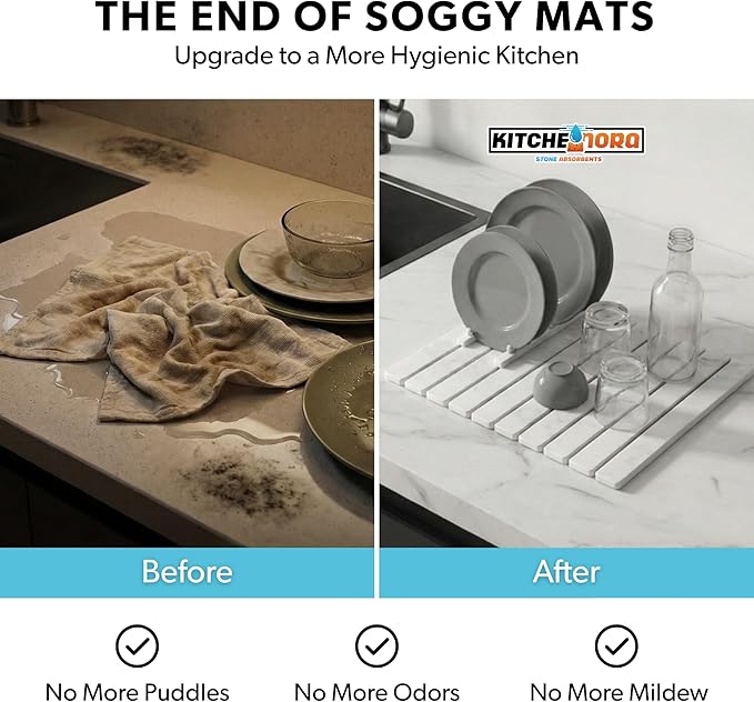 Stone Drying Mat for Kitchen Counter (White Large) - Super Absorbent 30sec Fast-Drying Diatomite Dish Mat Collapsible for Kitchen.