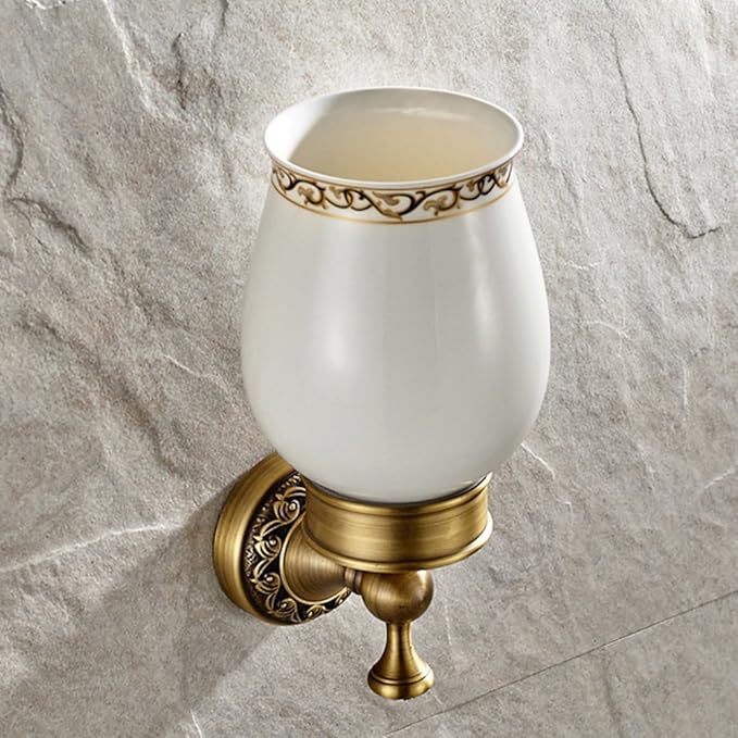 Leyden Antique Brass Toilet Brush Holder Retro Toilet Brush Organizer with Ceramic Cup