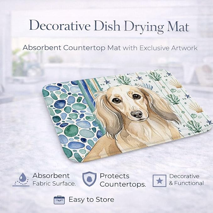 Caroline's Treasures Longhaired Cream Dachshund Coastal Sea Glass Dish Drying Mat Absorbent Dish Drying Mat Pad for Kitchen Counter Dish Drainer Mat for Countertop 14 x 21 Multicolor