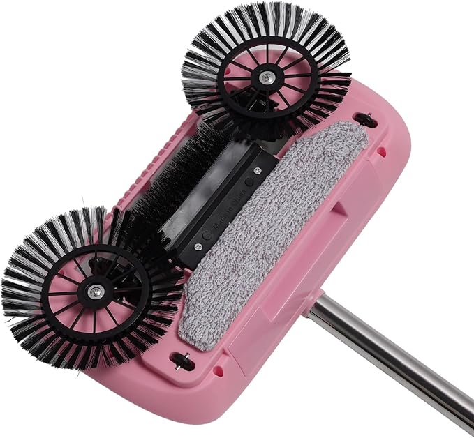 Hand Push Floor Sweeper 2 in 1 Vacuum Cleaner Household Sweeper Mopping Machine 180 Degree Rotating Electric Floor Mops for Wooden Marble Tile (Pink)
