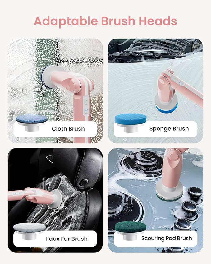 Leebein Electric Spin Scrubber Shower Scrubber with 4 Adjustable Angles and 8 Brush Heads Electric Scrubber with Long Handle &amp Remote Controller Cleaning Brush for Bathroom Tub Floor (Pink)