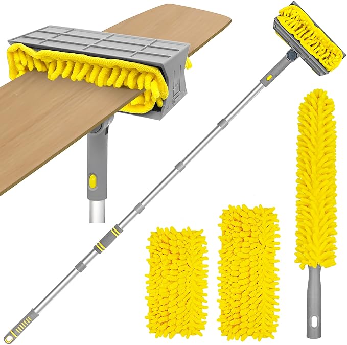 77” Ceiling Fan Blades Cleaner Duster with Extension Pole Extendable Flexible Dust Cleaning Brush Reusable Chenille Mop for Baseboard Wall Floor Blinds Cobweb