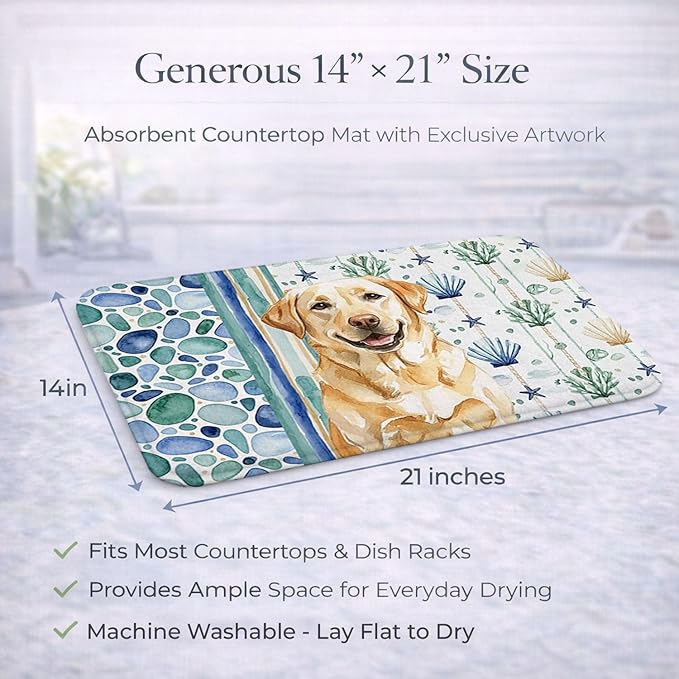 Caroline's Treasures Yellow Labrador Retriever Coastal Sea Glass Dish Drying Mat Absorbent Dish Drying Mat Pad for Kitchen Counter Dish Drainer Mat for Countertop 14 x 21 Multicolor