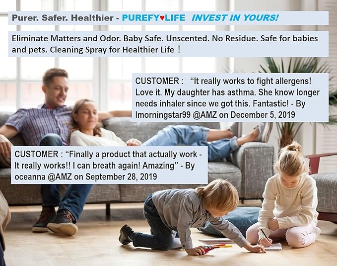 PUREFY Anti-Allergen Spray (24oz 2pk) Eliminate matters. Odor eliminators. Unscented. No residue. Safe for babies and pets. Spray for Healtheir Life.