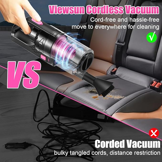Viewsun Car Vacuum Cordless Rechargeable 8000PA High Power Handheld Vacuum Cleaner with 17PCS Car Cleaning Kit Pink Auto Accessories for Women Gift