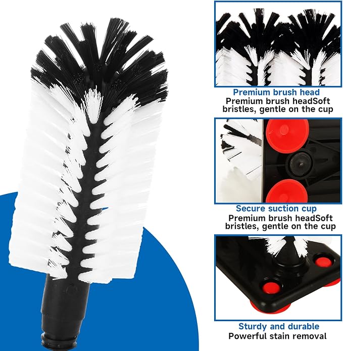 STARVAST 2Pcs Water Bottle Cleaning Brush with Suction Base Black 3 Head Bristle Bar Glass Washer Cup Washer Brush Cleaner for Bar Beer Cup Wine Glass(7.3 x 3.7 x 7.6) Inch