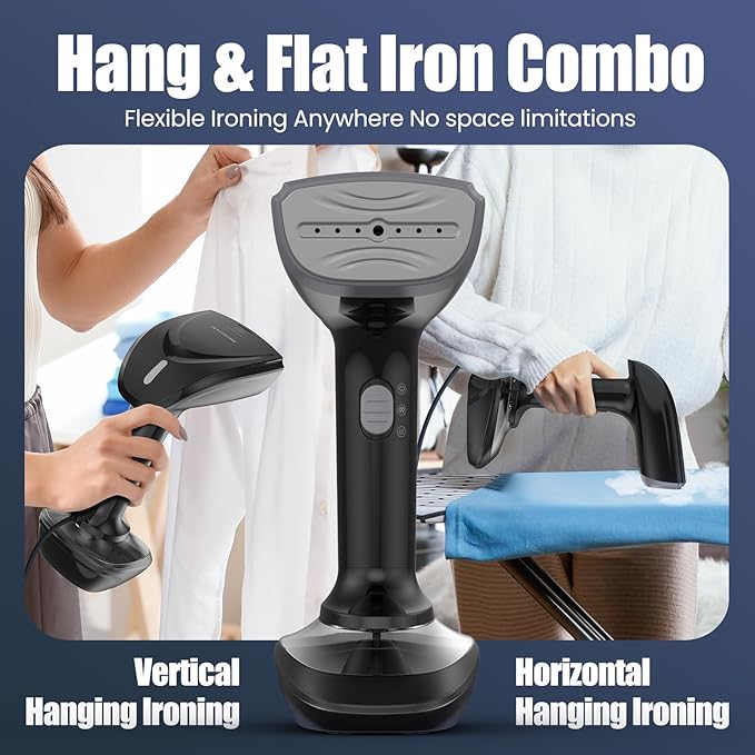 Powerful Handheld Fabric Steamer - 1800W with Fast Ceramic Heat-Up Plate 2-in-1 Ironing &amp Wrinkle Remover Steam Nozzle Lint Brush - Black for US 120V Only