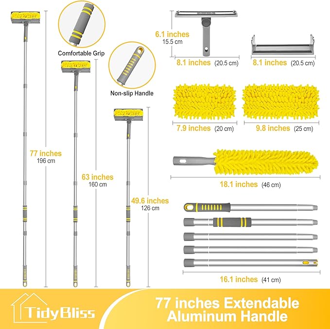 77” Ceiling Fan Blades Cleaner Duster with Extension Pole Extendable Flexible Dust Cleaning Brush Reusable Chenille Mop for Baseboard Wall Floor Blinds Cobweb