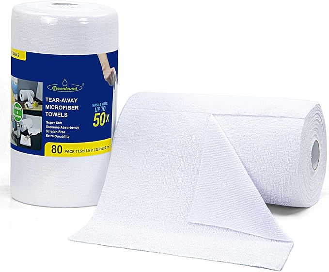 Greenfound Microfiber Cleaning Cloth Roll -80 Pack 11.5x11.5 Tear Away Towels Reusable and Washable Rags White