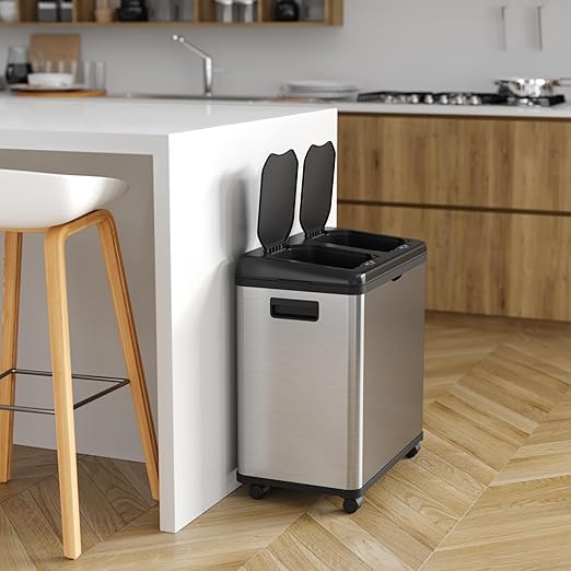 iTouchless 16 Gallon Sensor 2.0 Technology Dual Compartment Kitchen Trash Can and Recycle Bin with Wheels Stainless Steel Automatic 8 Gallon Per Side for Home Office Store Business