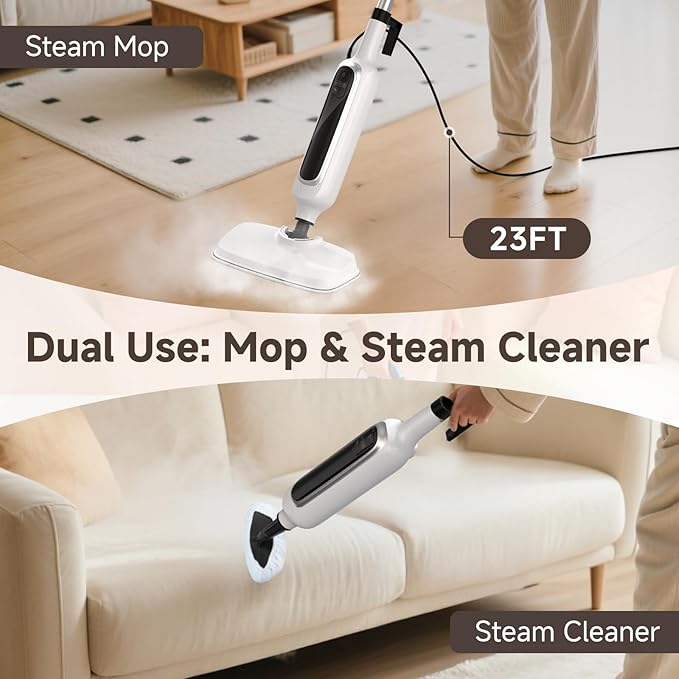 12-in-1 Steam Mop with Mops Detachable Handheld Steam Cleaner for Home 23FT Cord 3 Steam Modes &amp LED Display Steam Mops for Floor Cleaning Bathroom Windows Sofas Clothes Tile Grout Carpet