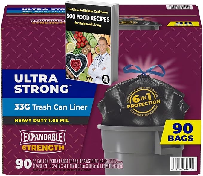 Ultra Strong 33-Gallon Drawstring Trash Bags Unscented – 90-Count Extra Large Black Garbage Bags Heavy-Duty &amp Tear-Resistant Can Liners for Home Kitchen &amp Outdoor Use