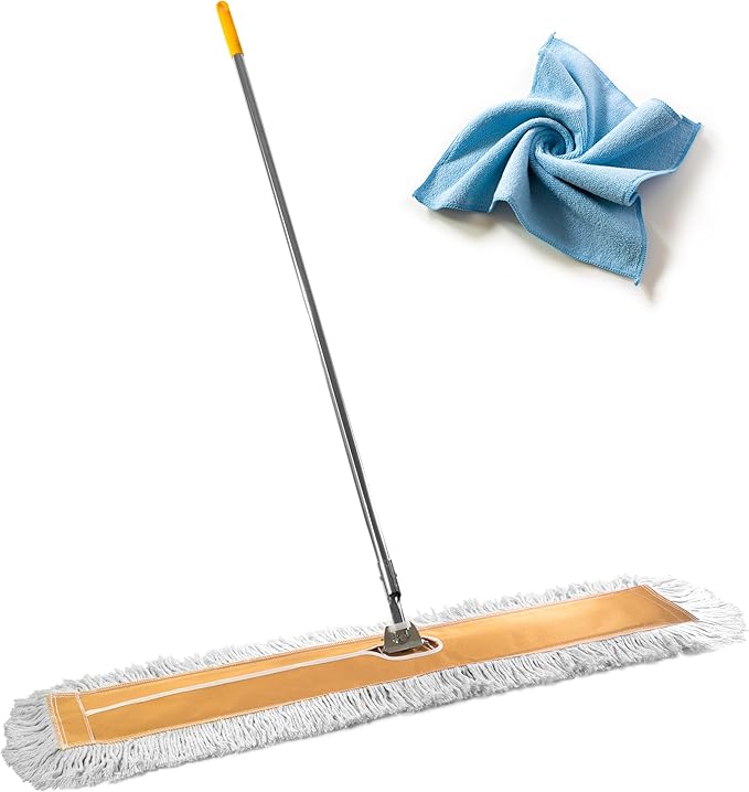 Commercial Dust Mop – 48” Floor Sweeper for Tiles Hardwood and Laminate Floors with Aluminum Broom Handle Reusable Duster Head - Complete with Cleaning Cloth
