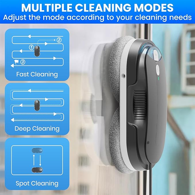 Window Cleaning Robot – 2400-3200Pa Suction Dual Ultrasonic Spray 85ml Tank Edge Detection Anti-Drop 3 Cleaning Modes for Streak-Free Glass(Black)