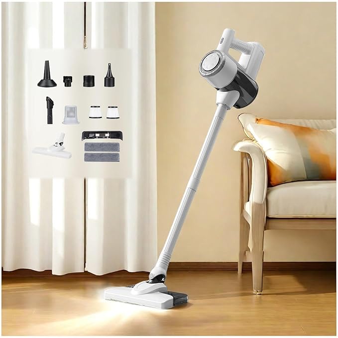 Lightweight and Versatile Cordless Vacuum and Mop Combo 18Kpa 35mins Runtime Rechargeable Cordless Vacuum Cleaner Pet Hair Self-Standing Mop Vacuum Cleaner for Kitchen Bedroom Living RoomWhite