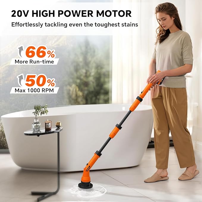 2 Battery Electric Spin Scrubber 1000RPM Cordless Cleaning Brush Waterproof with 20V Power Supplied Adjustable Extension Handle 4 Replaceable Cleaning Heads Hook Gloves - for Tub/Tile/Wall/Floor