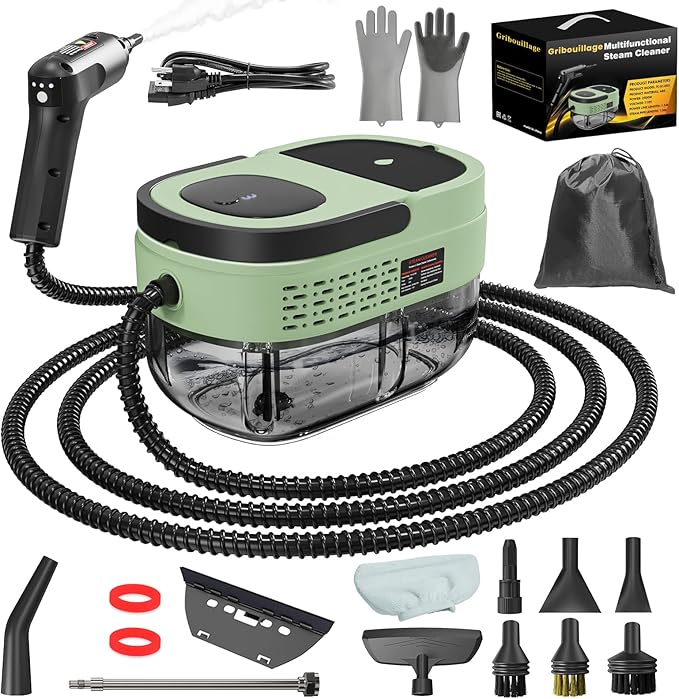 Handheld Steam Cleaner for Home 2500W High Temperature Pressurized Machine 1.6L Water Tank Handle-Controlled Steam Output Portable Cleaning Steamer for Car Bed Bugs Furniture Grout (Green)