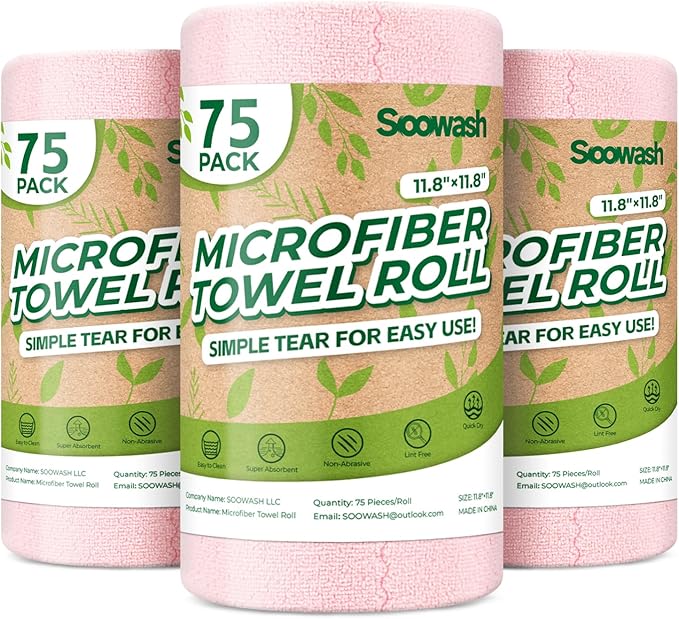 Microfiber Cleaning Cloths Roll 225 Pack Tear Away Microfiber Towels Roll 12 x 12 Lint Free Rags Reusable Cleaning Cloths Washable Scratch FreeUltra Absorbent Dish Rags(Pink)