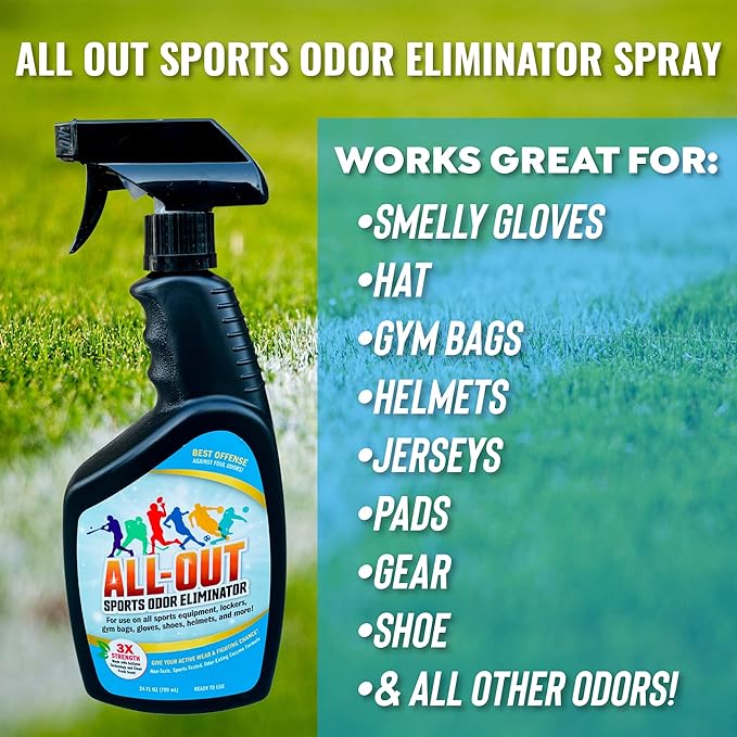 All-Out Cleaner &amp Odor Eliminator Combo - Remove Tough Stains and Odor from Jerseys Gloves Shoes Pants Baseball Pants etc. 24 oz (2 pack)
