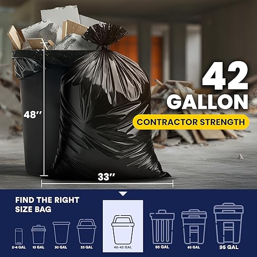 Plasticplace Contractor Trash Bags 42 Gallon │ 3.0 Mil │ Flaps │ Black Heavy Duty Garbage Bag │ 33” x 48” (50 Count)