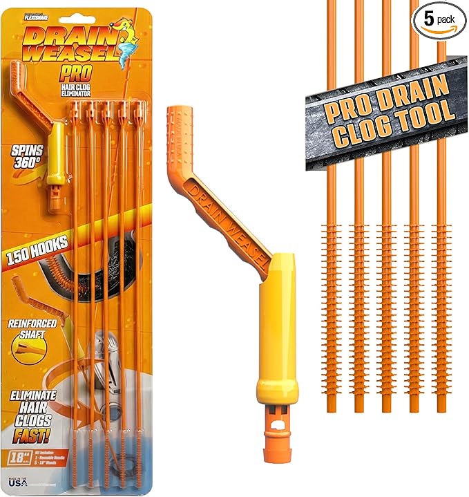 FlexiSnake Pro Drain Weasel Sink Snake Cleaner with New Molded Tip - 18″ - Drain Snake Clog Remover Tool with Rotating Handle &amp 5 Wand Refills - Easy to Use on Drains &amp Grates - Made in USA -