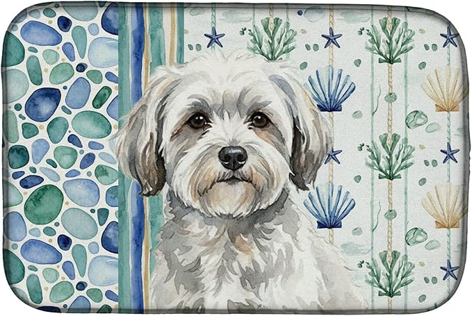 Caroline's Treasures White with Gray Coton de Tulear Coastal Sea Glass Dish Drying Mat Absorbent Dish Drying Mat Pad for Kitchen Counter Dish Drainer Mat for Countertop 14 x 21 Multicolor