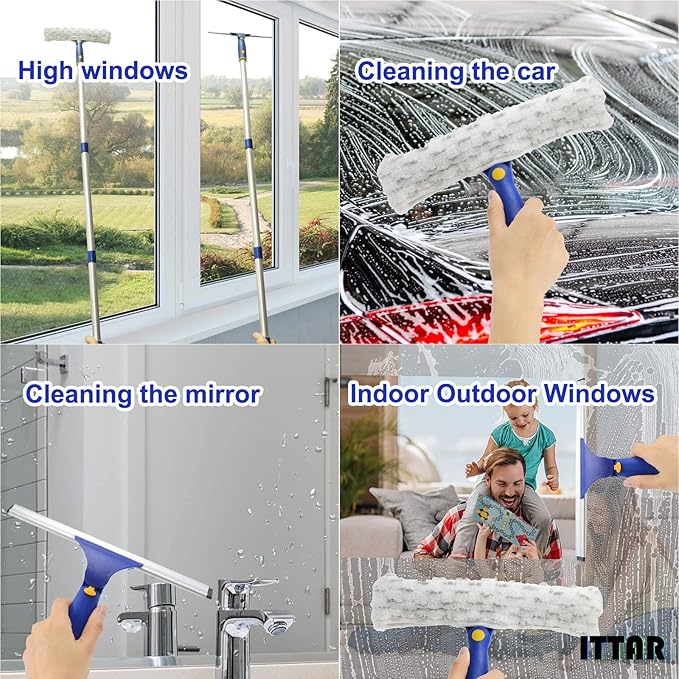 ITTAR Window Squeegee with 2 Sets Stainless Steel Pole Squeegee Cleaning Tools with Microfiber Pads 60-72 Telescopic Window Washing Kit Professional Squeegee Cleaner for Home Car Outside Glass