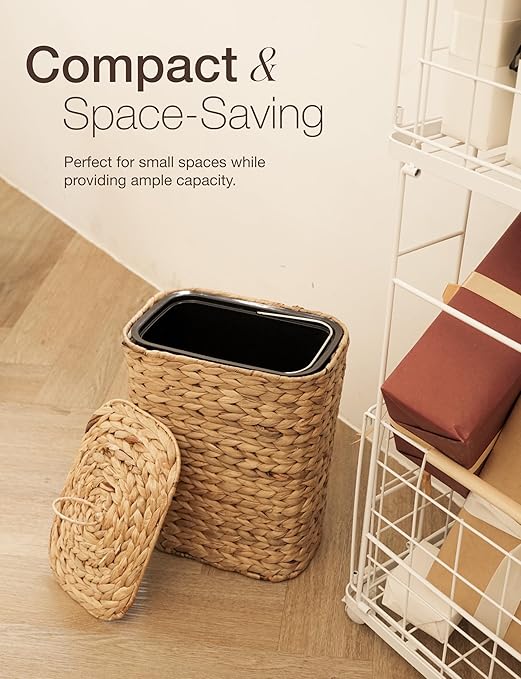 3 GALLONS Wicker Waste Basket - Wicker Trash Can with Lid - Water Hyacinth Bathroom Garbage Can with a Lid - Bathroom Trash Can Boho Style - Removable Liner Iron Frame (Natural 3 Gallons)