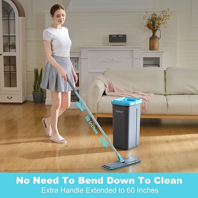 JOYMOOP Mop and Bucket Set with Wringer with 5 Reusable Microfiber Mop Pads Mops for Floor Cleaning and Wall Cleaning Hands-Free Flat Mop for Home Use - Grey+Cyan Blue