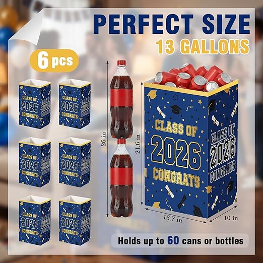 Tinlade 6 Pack 2026 Blue and Gold Graduation Decoration 13 Gallon Disposable Trash Cans Class of 2026 Party Garbage Bins Large Waterproof Foldable Recycle Pop up Bins for Graduation Party School