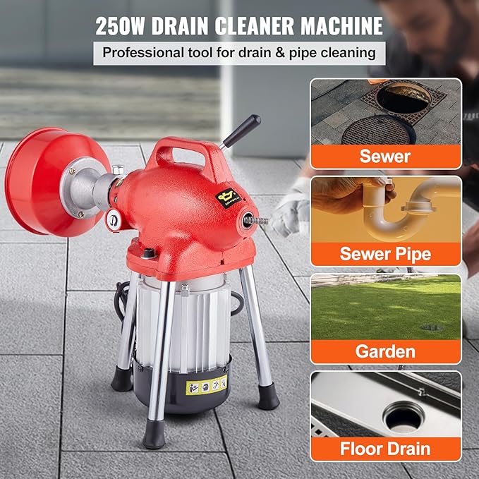 VEVOR Drain Cleaner Machine 66FT x 5/8 Inch 250W Electric Sewer Snake Auger with 2 Sectional Steel Cables (66' x 5/8 and 15' x 3/8) 7 Cutters and CW/CCW Control for 1.6 to 4 Pipes