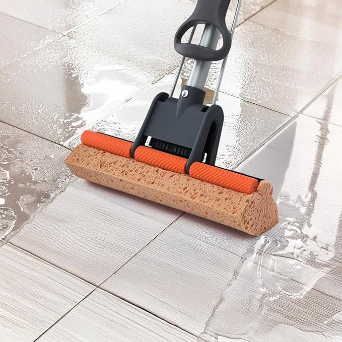 Sponge Mops for Floor Cleaning with 2 Cellulose Mop Head Refills and 55” Long Handle Heavy Duty Roller Mop Easy Self Squeeze for Hard Wood Tile Concrete Bathroom or Kitchen Floor Wall Ceiling