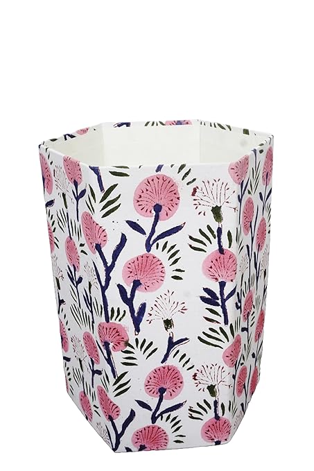Handmade Cotton Paper Waste Basket Stylish Trash Can for Home or Office (1 Light Pink FLOWAR)