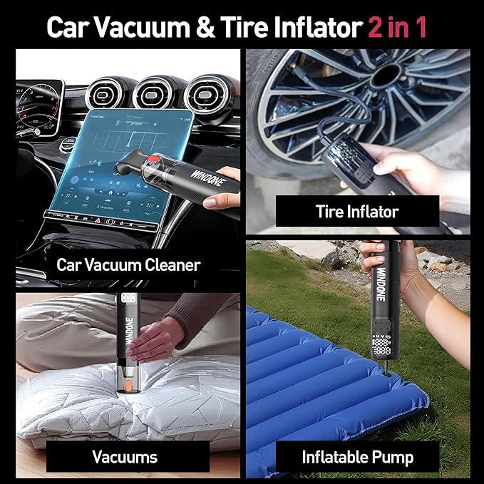 Windone Car Vacuum 12000Pa 2-in-1 Cleaner &amp Tire Inflator 150PSI 60W Brushless Motor Cordless Handheld Vacuum &amp Air Pump with Pressure Gauge LED Light Multi-Nozzles for Car Home Office