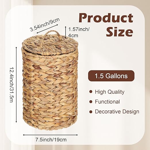 1.5 Gallons Wicker Trash Can with Lid Handle Boho Woven Braided Bathroom Waste Basket Trash Can Large Woven Bin for Office Bedroom Living Room Kitchen (Natural Braided Wicker Round)