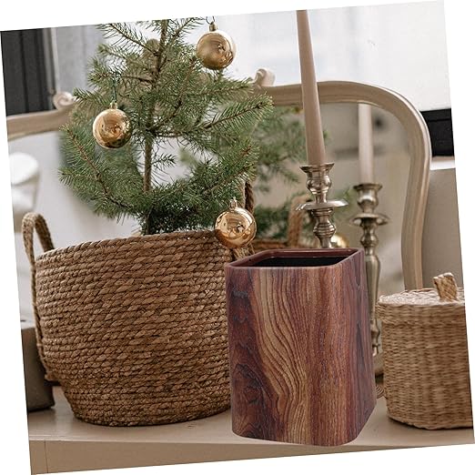 Wood Grain Plastic Trash Can Stylish Double Wastebasket for Home Office Kitchen and Bathroom Capacity Bin Hidden Bag Design